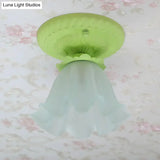 Pastoral Style Floral Flush Ceiling Light - White/Green/Pink Frosted Glass Single Bulb Mounted Lamp