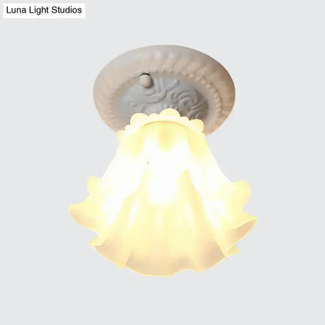 Pastoral Style Floral Flush Ceiling Light - White/Green/Pink Frosted Glass Single Bulb Mounted Lamp