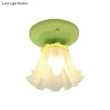 Pastoral Style Floral Flush Ceiling Light - White/Green/Pink Frosted Glass Single Bulb Mounted Lamp