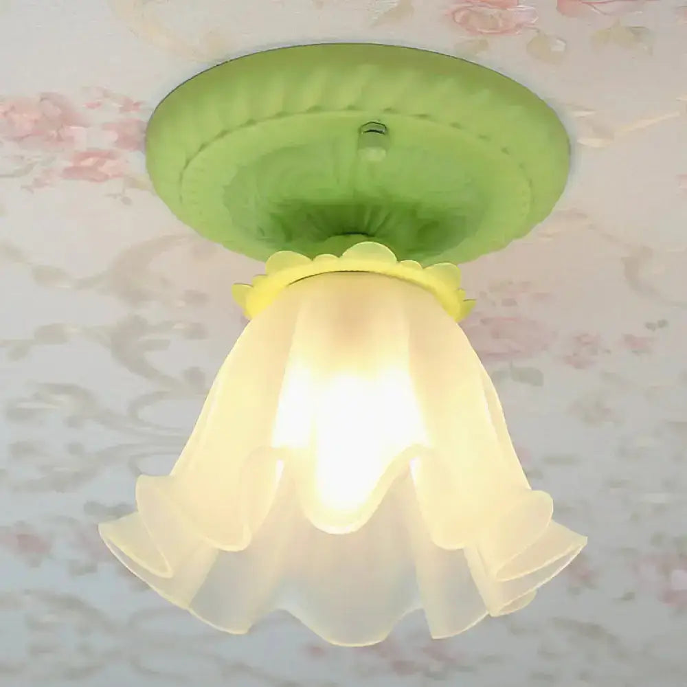 Pastoral Style Floral Flush Ceiling Light - White/Green/Pink Frosted Glass Single Bulb Mounted Lamp