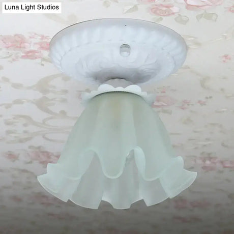Pastoral Style Floral Flush Ceiling Light - White/Green/Pink Frosted Glass Single Bulb Mounted Lamp