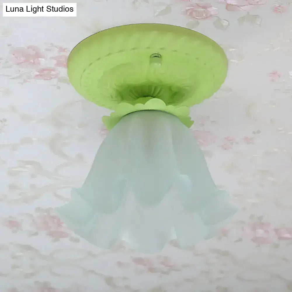 Pastoral Style Floral Flush Ceiling Light - White/Green/Pink Frosted Glass Single Bulb Mounted Lamp