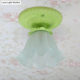 Pastoral Style Floral Flush Ceiling Light - White/Green/Pink Frosted Glass Single Bulb Mounted Lamp