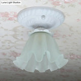 Pastoral Style Floral Flush Ceiling Light - White/Green/Pink Frosted Glass Single Bulb Mounted Lamp