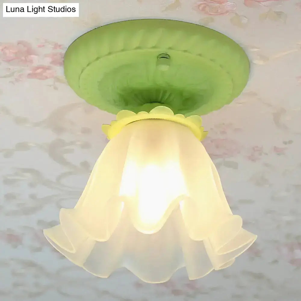 Pastoral Style Floral Flush Ceiling Light - White/Green/Pink Frosted Glass Single Bulb Mounted Lamp