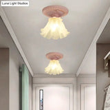 Pastoral Style Floral Flush Ceiling Light - White/Green/Pink Frosted Glass Single Bulb Mounted Lamp