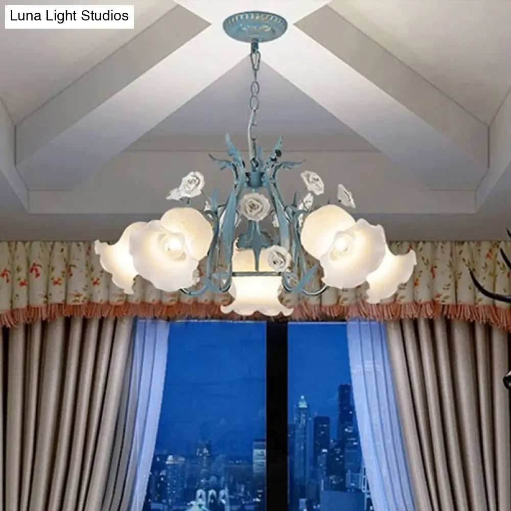 Pastoral Style Floral Frosted Glass Pendant Chandelier - 4/6/9 Heads Blue