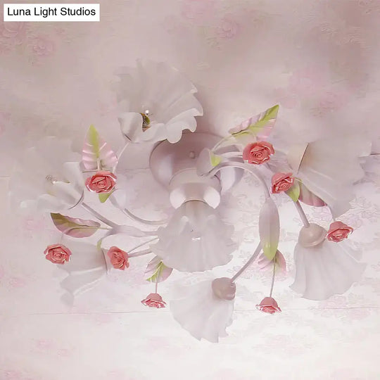 Pastoral Style Floral Semi Flush Mount Ceiling Light With Frosted Glass Shade In White 7 /
