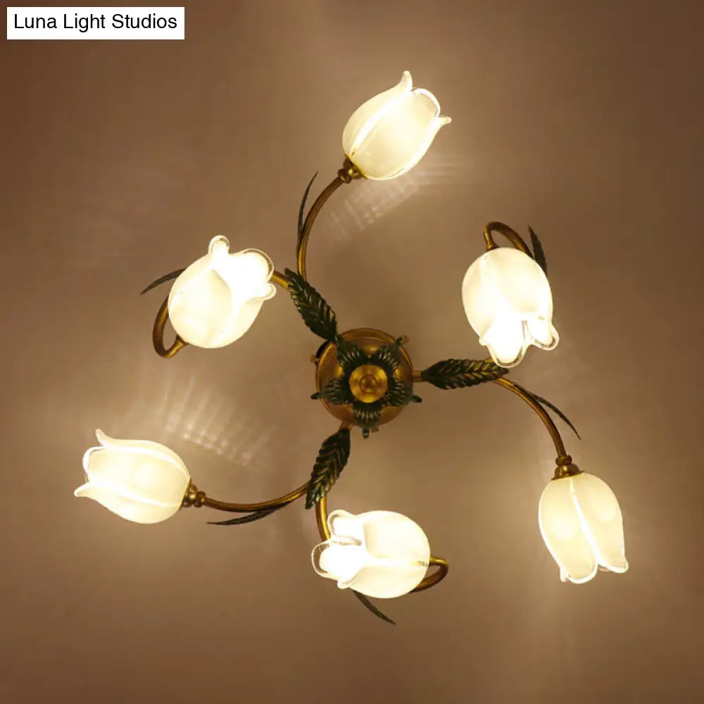 Pastoral Style White Glass Blossom Ceiling Light - Semi Flush Mount Lamp In Brass For Bedroom 6 /