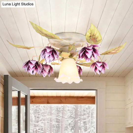 Pastoral White Metal Flower Semi Flush Mount Ceiling Light With Flared 1/4 Bulbs For Dining Room 1 /