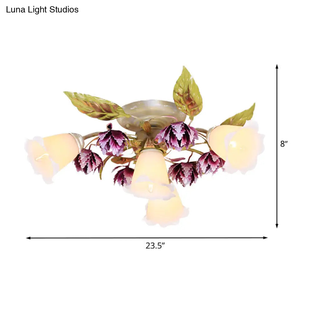 Pastoral White Metal Flower Semi Flush Mount Ceiling Light With Flared 1/4 Bulbs For Dining Room
