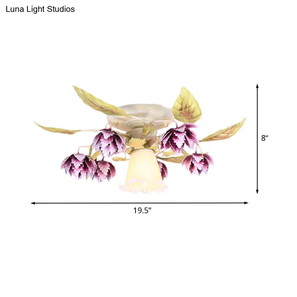 Pastoral White Metal Flower Semi Flush Mount Ceiling Light With Flared 1/4 Bulbs For Dining Room