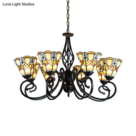 Peacock Design Conical Chandelier With Stained Glass - Rustic Pendant Lighting (6/8 Lights)