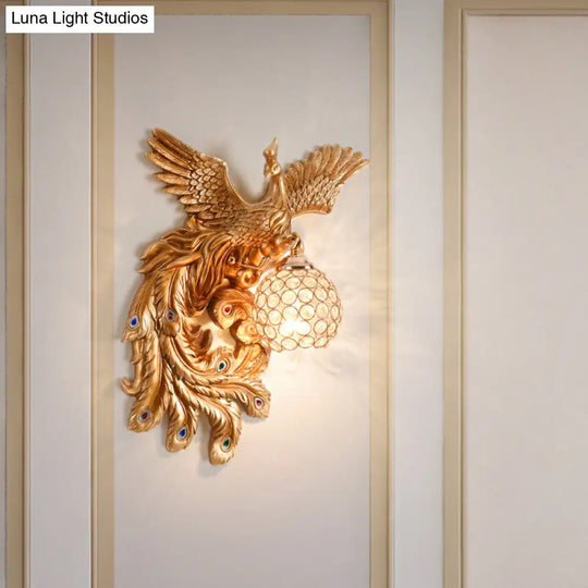 Peacock Flying Wall Mount Light: White/Green/Gold Resin With Crystal Shade Left/Right
