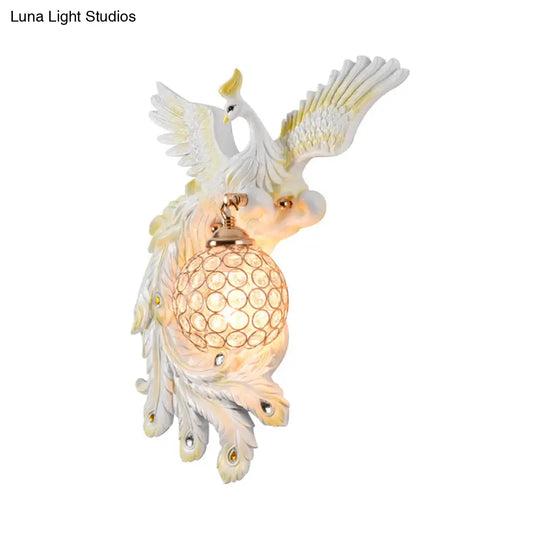 Peacock Flying Wall Mount Light: White/Green/Gold Resin With Crystal Shade Left/Right
