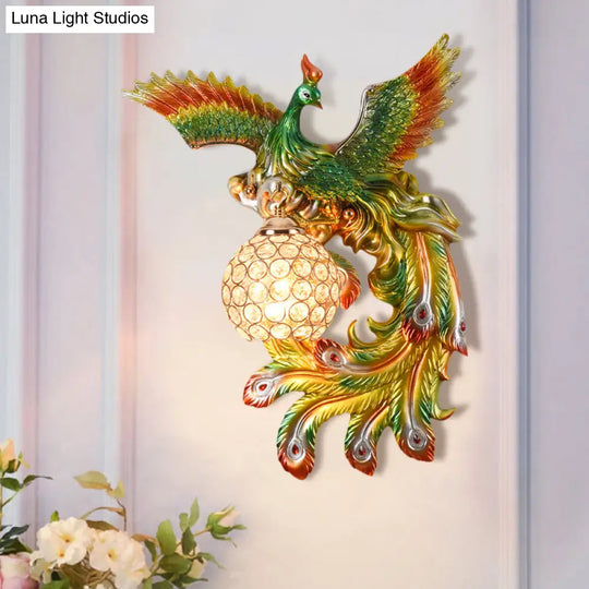 Peacock Flying Wall Mount Light: White/Green/Gold Resin With Crystal Shade Left/Right