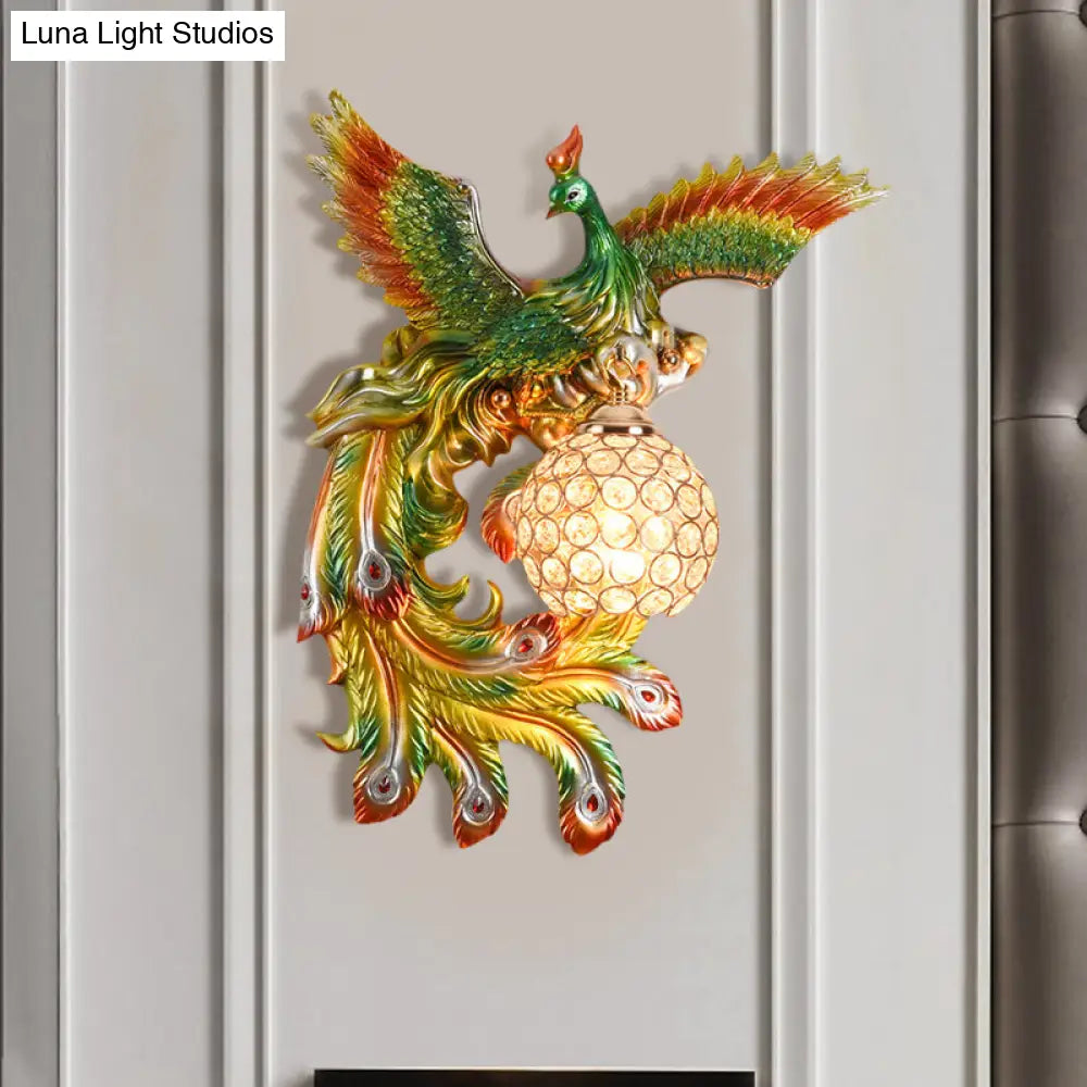 Peacock Flying Wall Mount Light: White/Green/Gold Resin With Crystal Shade Left/Right