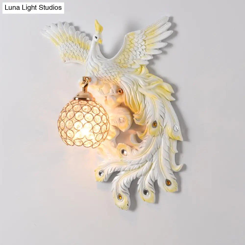 Peacock Flying Wall Mount Light: White/Green/Gold Resin With Crystal Shade Left/Right