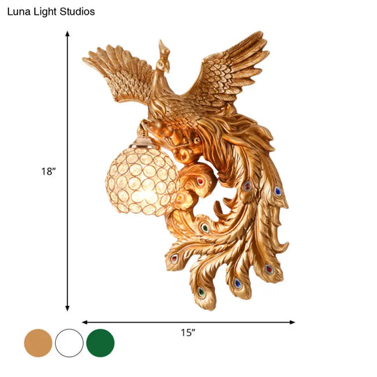 Peacock Flying Wall Mount Light: White/Green/Gold Resin With Crystal Shade Left/Right