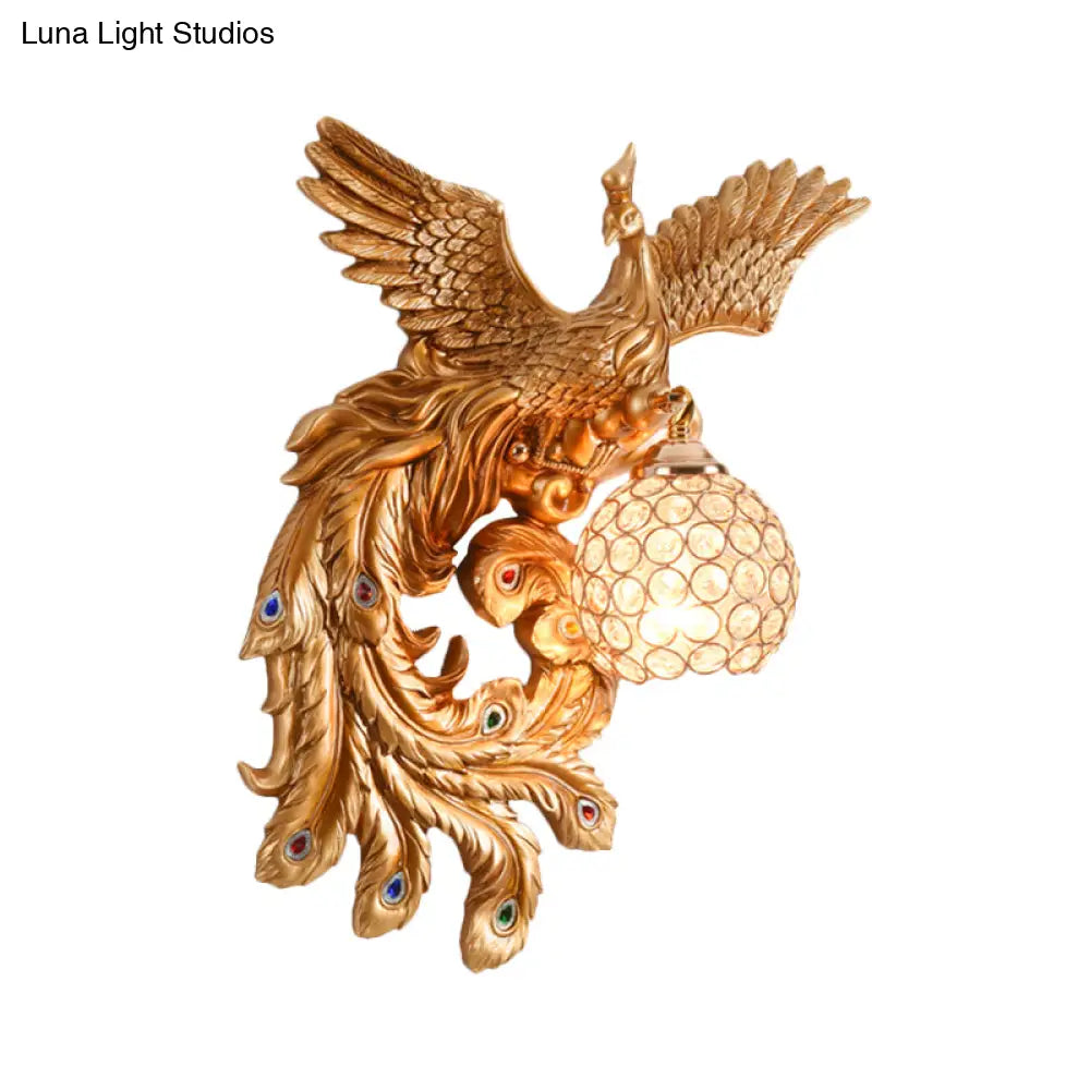 Peacock Flying Wall Mount Light: White/Green/Gold Resin With Crystal Shade Left/Right