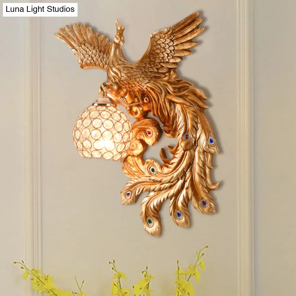 Peacock Flying Wall Mount Light: White/Green/Gold Resin With Crystal Shade Left/Right