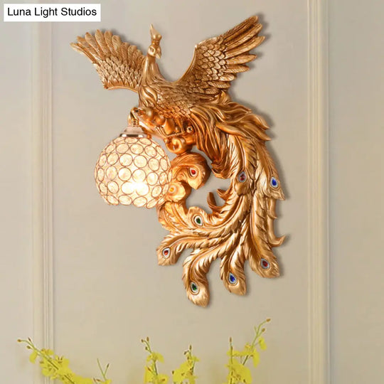 Peacock Flying Wall Mount Light: White/Green/Gold Resin With Crystal Shade Left/Right