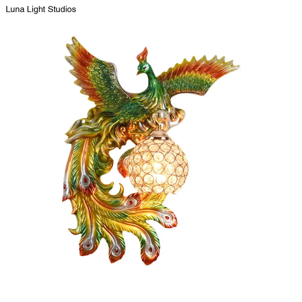 Peacock Flying Wall Mount Light: White/Green/Gold Resin With Crystal Shade Left/Right