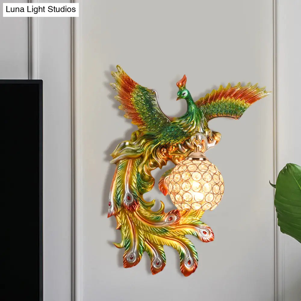Peacock Flying Wall Mount Light: White/Green/Gold Resin With Crystal Shade Left/Right