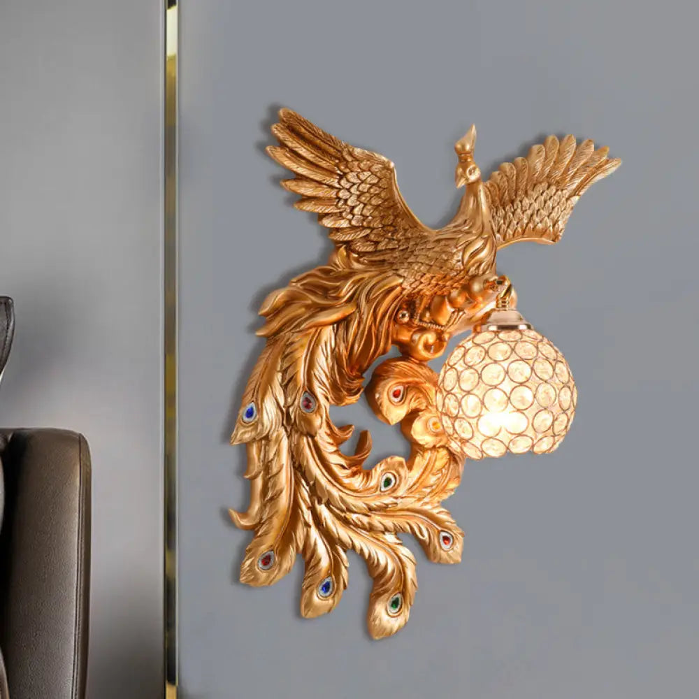 Peacock Flying Wall Mount Light: White/Green/Gold Resin With Crystal Shade Left/Right Gold / Left