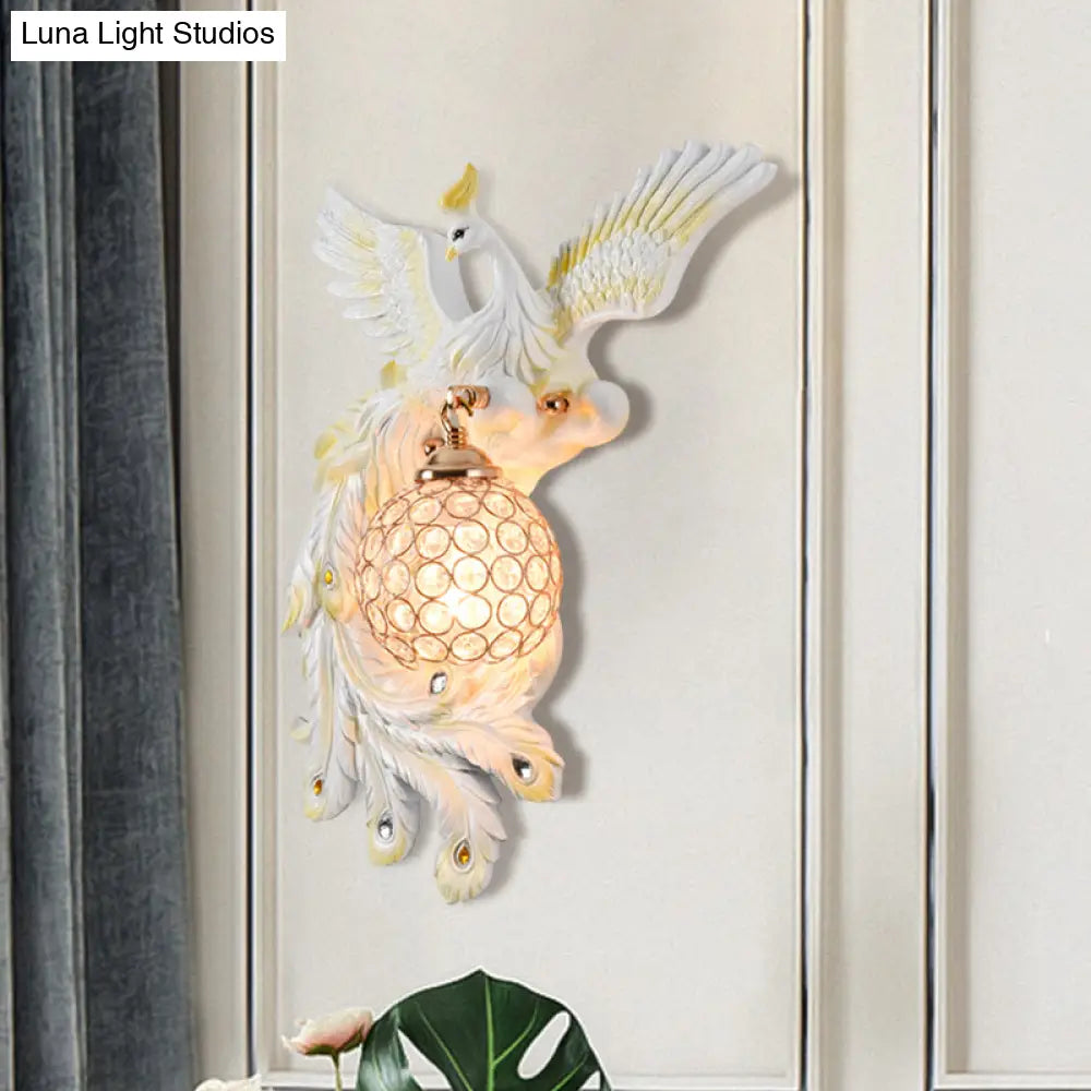 Peacock Flying Wall Mount Light: White/Green/Gold Resin With Crystal Shade Left/Right
