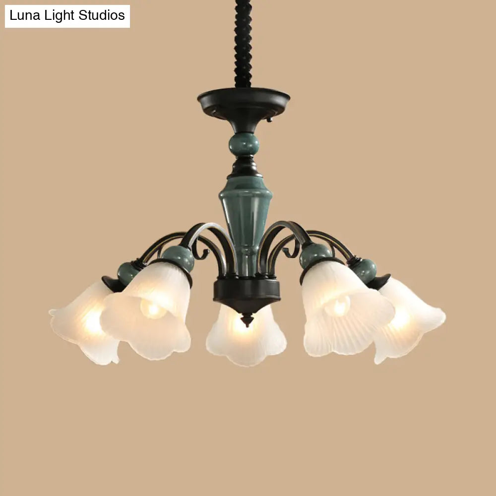 Peacock Green Rustic Ribbed Frosted Glass Chandelier - 5/6/8 Bulbs Drop Lamp With Flower Blossom