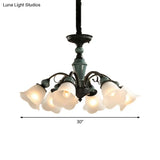 Peacock Green Rustic Ribbed Frosted Glass Chandelier - 5/6/8 Bulbs Drop Lamp With Flower Blossom