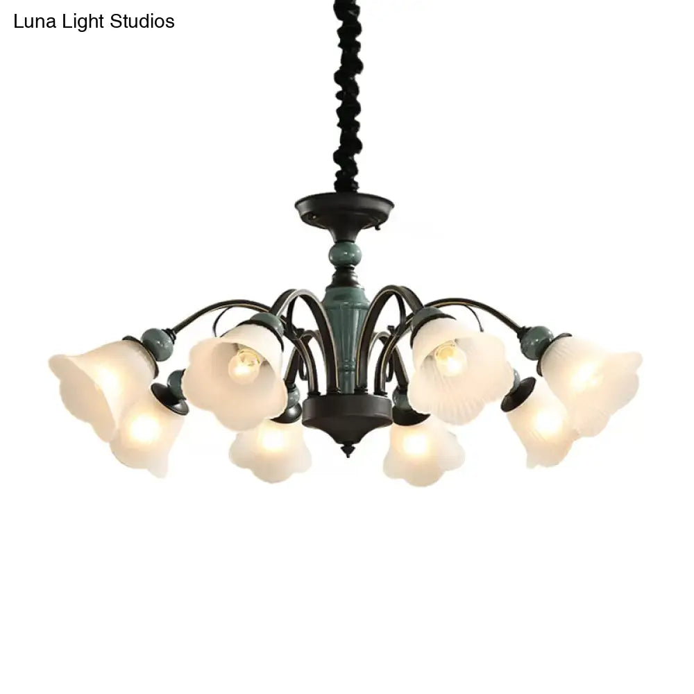 Peacock Green Rustic Ribbed Frosted Glass Chandelier - 5/6/8 Bulbs Drop Lamp With Flower Blossom