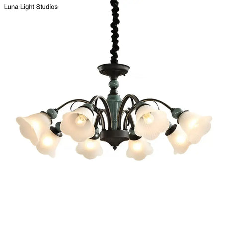 Peacock Green Rustic Ribbed Frosted Glass Chandelier - 5/6/8 Bulbs Drop Lamp With Flower Blossom