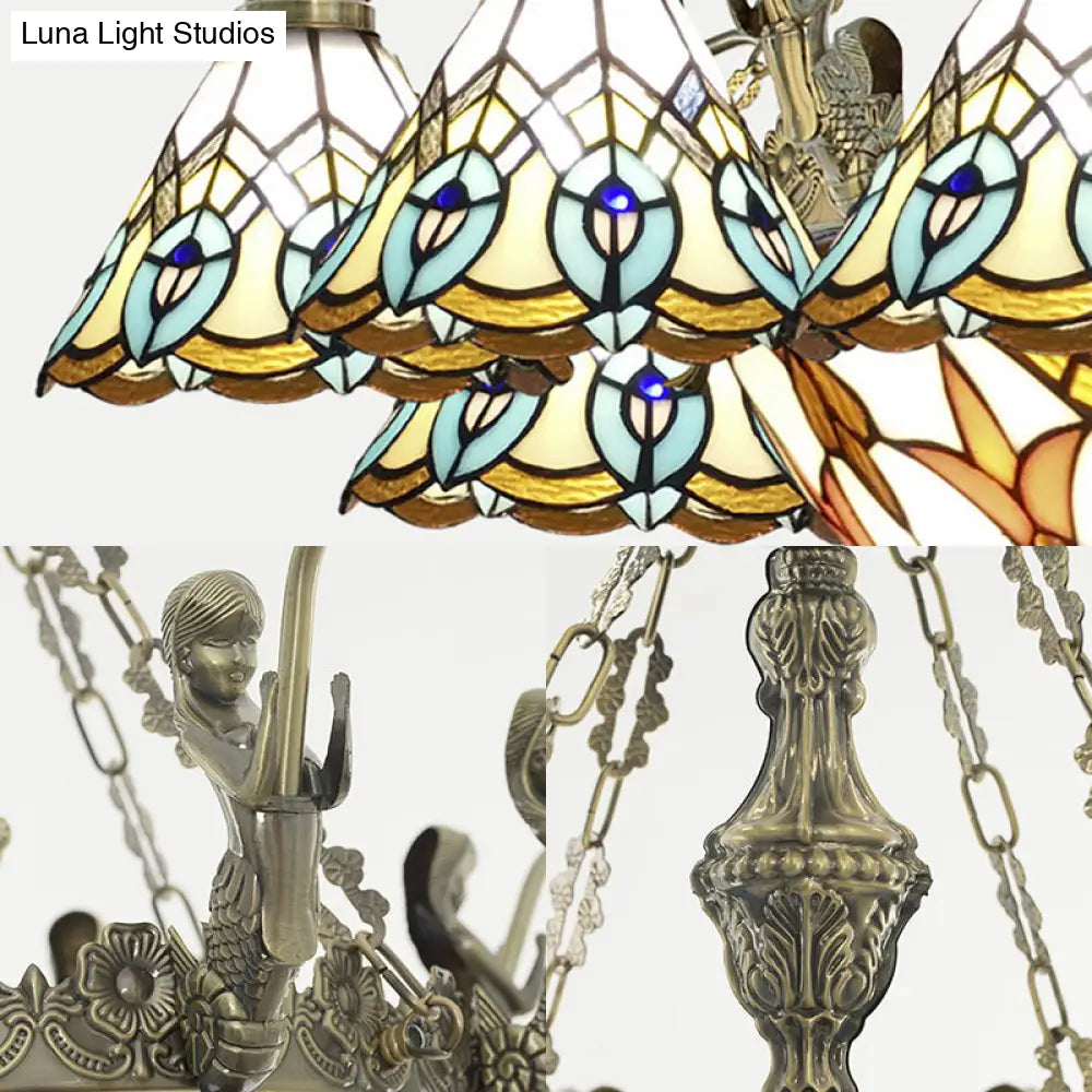 Peacock Pendant Light - Tiffany Style With 9 White Stained Glass Lights