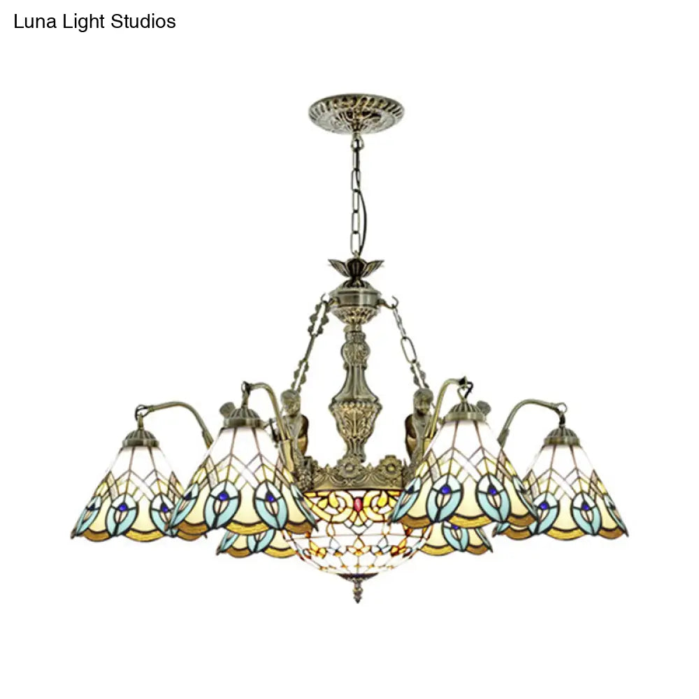 Peacock Pendant Light - Tiffany Style With 9 White Stained Glass Lights