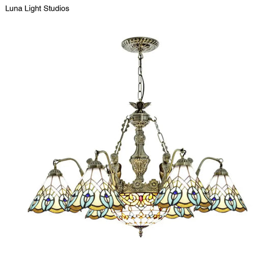 Peacock Pendant Light - Tiffany Style With 9 White Stained Glass Lights