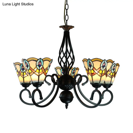 Peacock Stained Glass Chandelier: 5-Light Cone Pendant For Bedroom