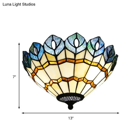 Peacock Stained Glass Flush Ceiling Light With Rustic Charm - 2 Lights For Living Room
