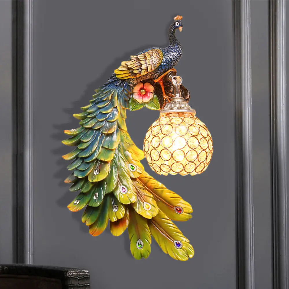 Peacock Wall Sconce - Single Head Cottage White/Red/Blue Resin Light Fixture With Crystal Shade
