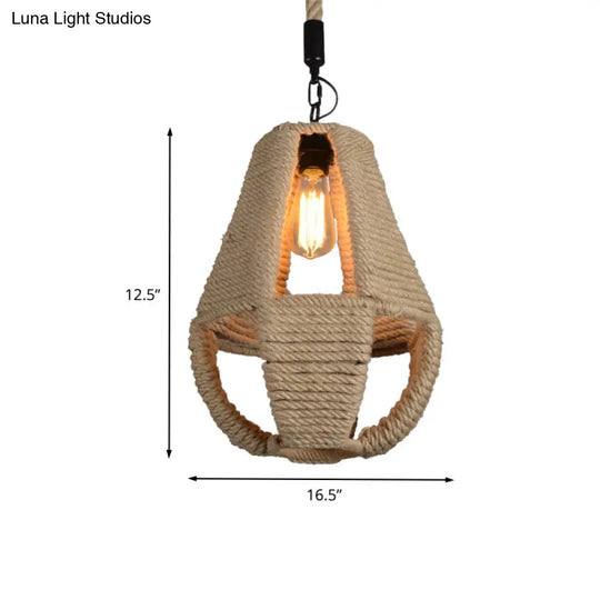 Pear Shape Pendant Light With Industrial Beige Rope - Ideal For Coffee House
