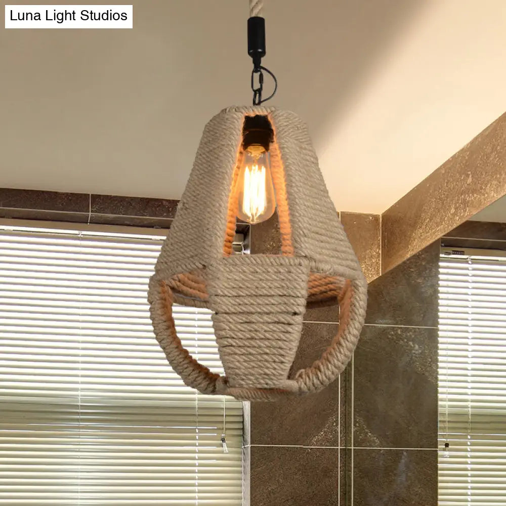Industrial Beige Rope Pendant Lighting Kit For Coffee House - 1-Light Pear Shape Hanging Lamp