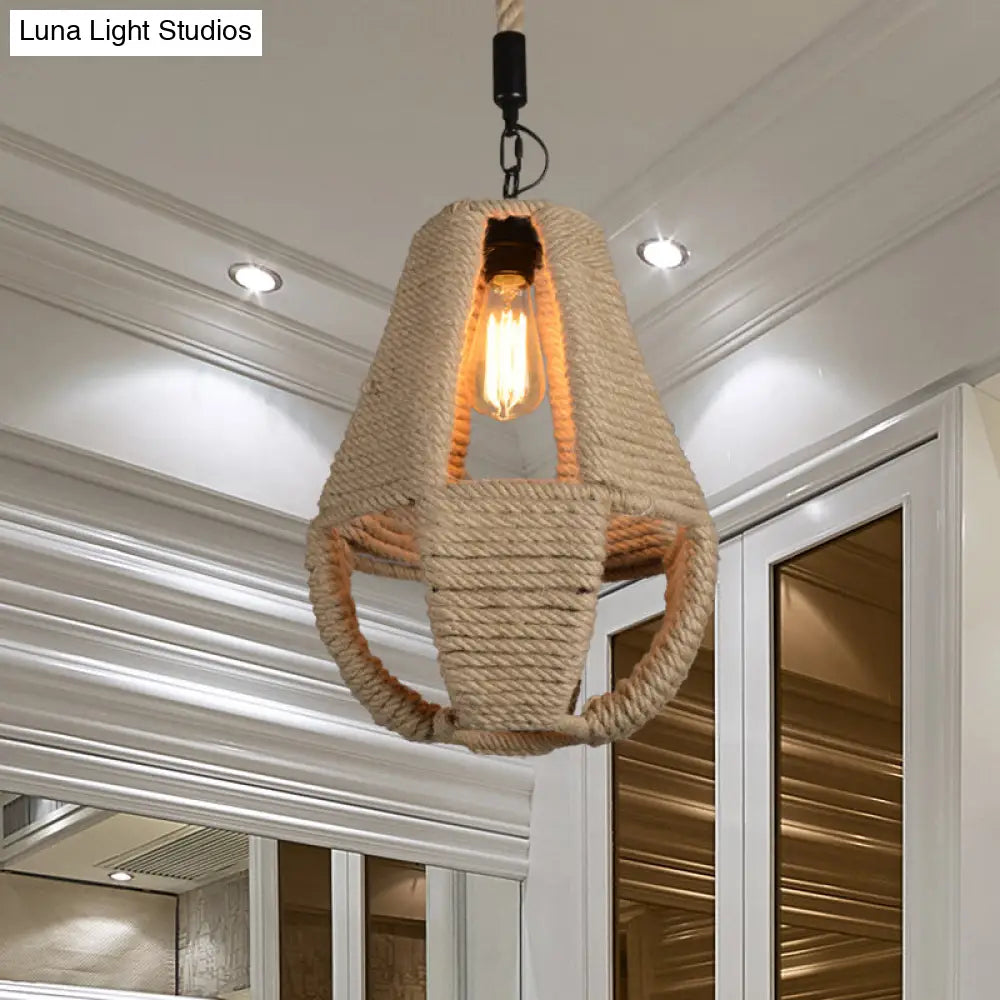 Industrial Beige Rope Pendant Lighting Kit For Coffee House - 1-Light Pear Shape Hanging Lamp