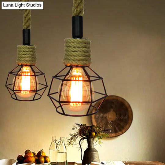 Rustic Mini Pendant Lamp With Iron Cage And Rope Accent - Perfect For Rural Wine Bars