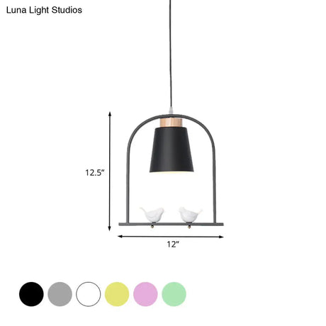 Pendulum Macaron Light Kit: Iron Bucket Lamp With Arch Frame & Bird Decor Grey/Yellow/Pink 1 Head