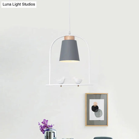 Pendulum Macaron Light Kit: Iron Bucket Lamp With Arch Frame & Bird Decor Grey/Yellow/Pink 1 Head