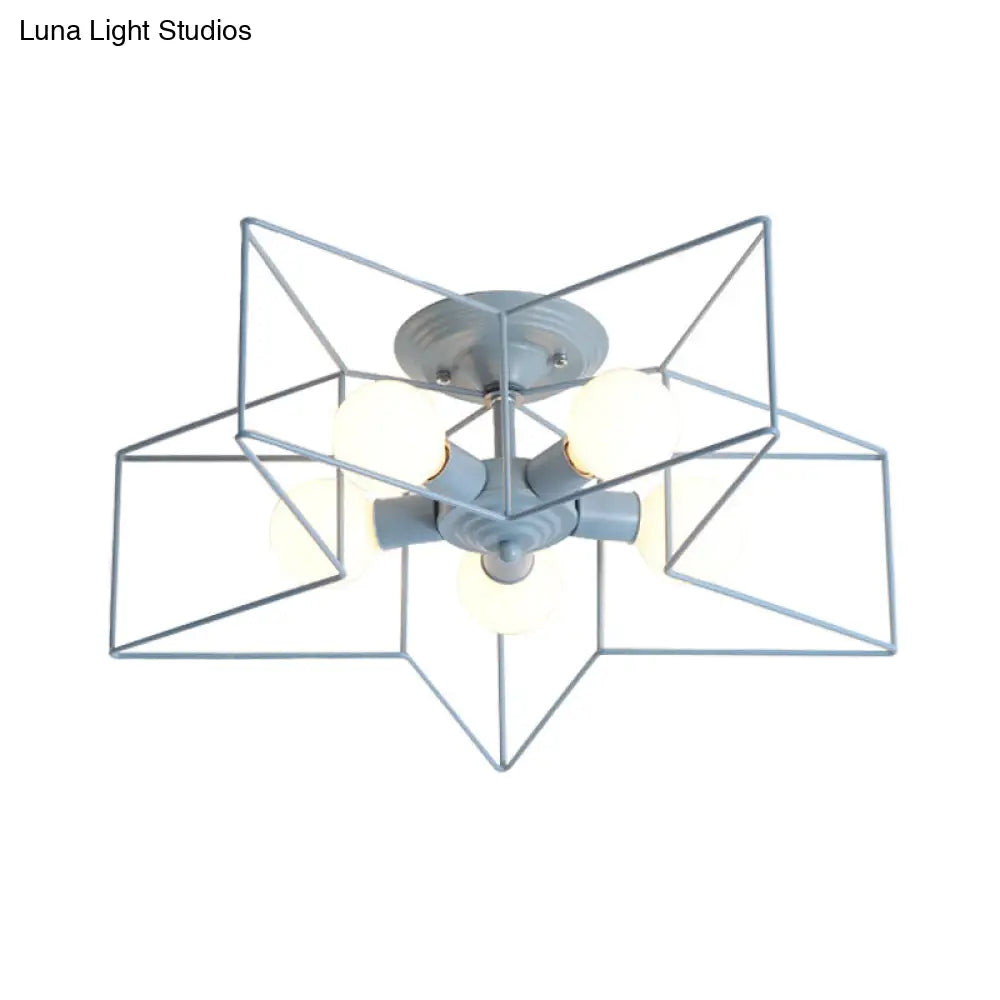 Pentacle Frame Iron Flush Mount Light - 5-Bulb Semi Ceiling For Kids’ Room (Pink/Grey/Blue)