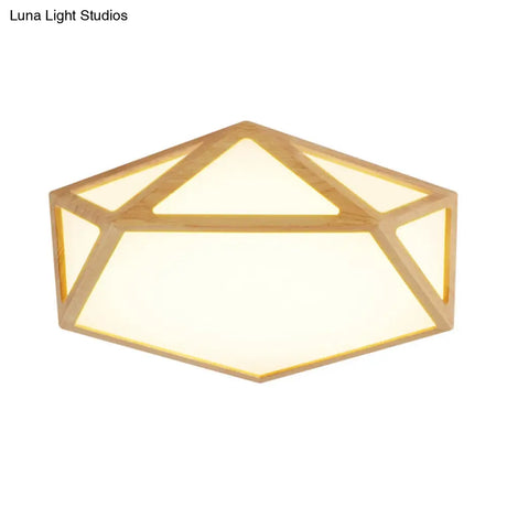 Pentagon Parlor Led Ceiling Fixture – Minimalist Flush Lamp In Beige With Wood Frame -