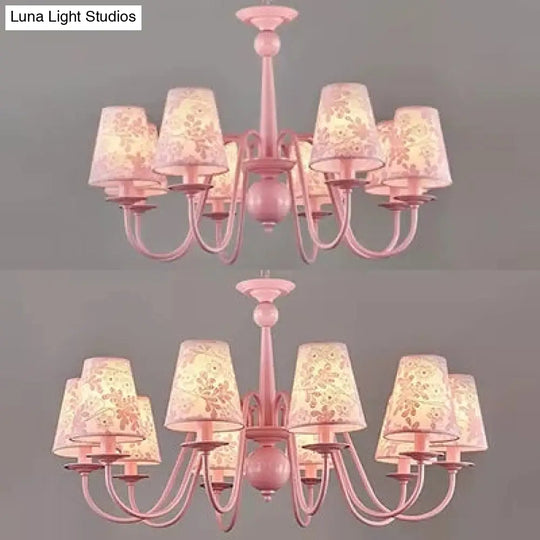 Petal Villa Pink Fabric Trapezoid Ceiling Chandelier - Modern Multi-Head Pendant