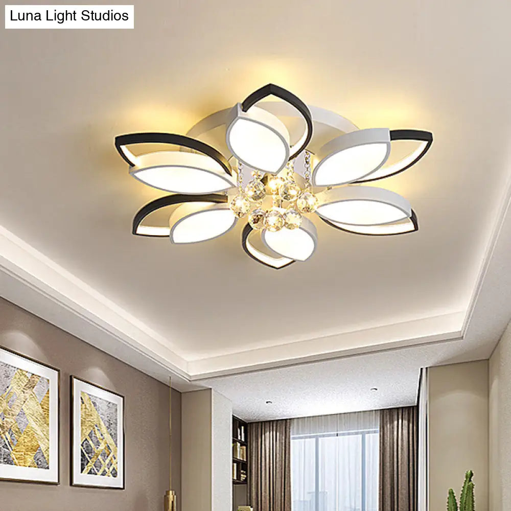 Petals Bedroom Led Ceiling Light With Nordic Acrylic Shade Crystal Ball Drop Black - White Finish